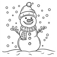 A snowman enjoying a winter day, coloring page for kids, simple outline illustration. Coloring book, simple lines.