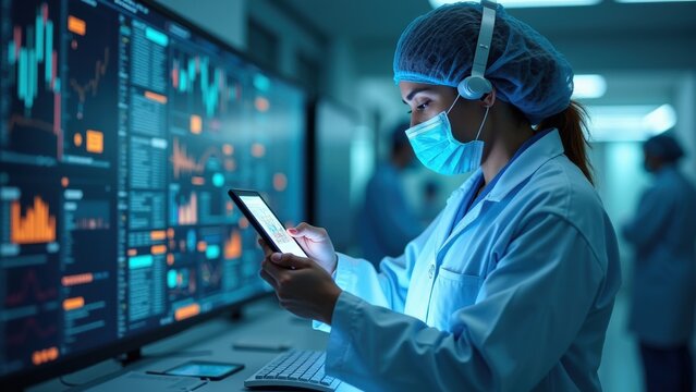 In a cutting-edge healthcare environment, a medical professional wearing a lab coat and mask focuses on a tablet while reviewing detailed financial charts displayed on large screens around