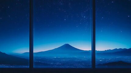 A tranquil high-definition night scene of a mountain seen through a window. 