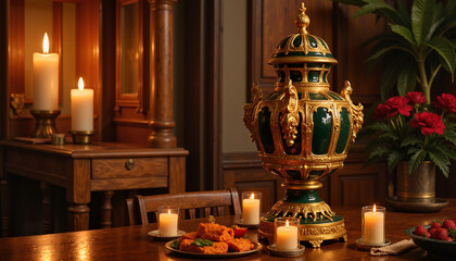 Fototapeta premium Decorative golden urn centerpiece on dining table with candles