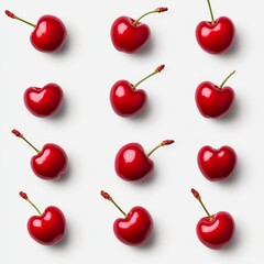Twelve ripe red cherries arranged in a grid pattern on a white background.