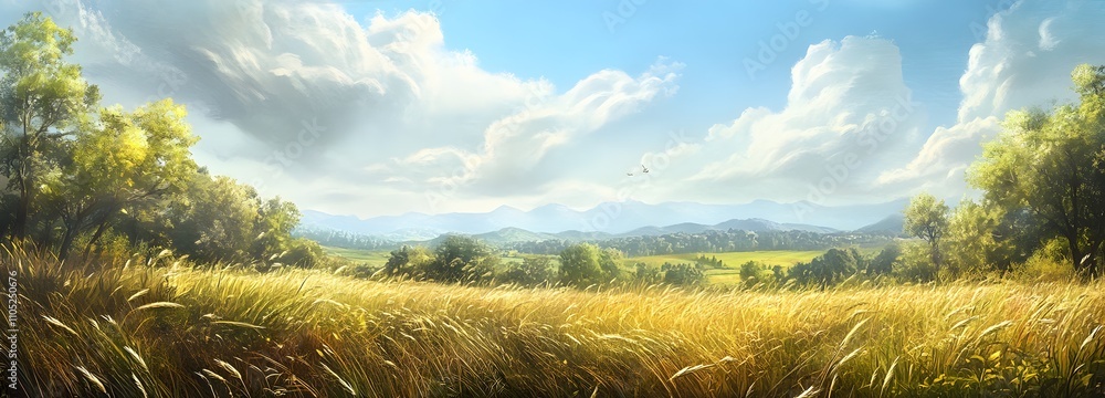 Poster 22. a large open meadow with tall grass swaying gently in the breeze and an open sky for text