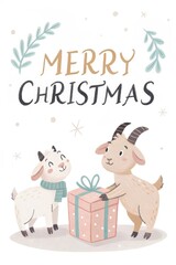 cute cartoon goat with gift box merry christmas background