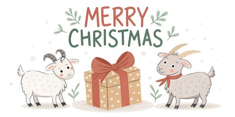 Obraz premium cute cartoon goat with gift box merry christmas background