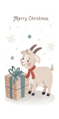 Naklejka premium cute cartoon goat with gift box merry christmas background