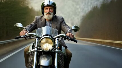 An elderly man with a beard rides a motorcycle on a forest road, spirit of adventure and the active lifestyle of a retiree embracing new hobbies.
