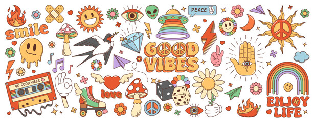 Groovy cartoon retro symbols in 70s hippie art, vector funky icons. 70s groovy cartoon rainbows and love hearts with peace sign and psychedelic melting smile emoji, mushroom amanita and hippie flowers