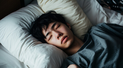 Person lying in bed with troubled expression, eyes closed, surrounded by soft pillows, symbolizing sleep disorder and restlessness.