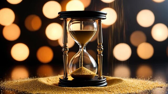 Video footage of classic hourglass with golden sand flowing through it, set against a backdrop of warm, blurred lights, symbolizing the passage of time