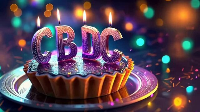 Celebratory cake with CBDC on top, symbolizing a digital or technological event.