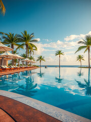 Relax tourism landscape. Luxury beach resort with swimming pool and beach chairs beds leisure lifestyle, umbrellas, palm trees blue sea sky reflection. Summer travel vacation background. Ai generated