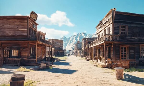 A deserted Wild West town with wooden buildings and mountains in the background.