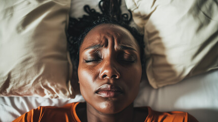 Person lying in bed with troubled expression, eyes closed, surrounded by soft pillows, symbolizing sleep disorder and restlessness.