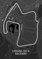 The image depicts a detailed map of the Laguna Seca Raceway, a renowned motorsports circuit located in Monterey County, California. © Somar