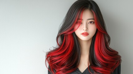 Applying stylish red balayage to long black hair in a modern salon setting for a trendy look