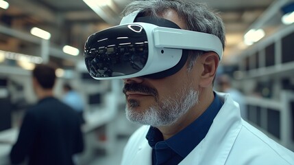 Engineer using VR headset in factory.
