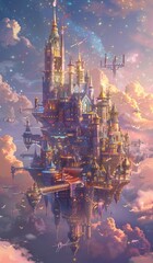 Fototapeta premium This image depicts a magical floating castle adorned with golden spires, glowing lights, and vibrant colors, surrounded by soft clouds and a dreamy, twilight sky. Birds soar gracefully nearby.