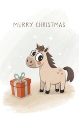Naklejka premium cute cartoon horse with gift box merry christmas background