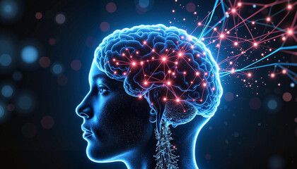 Obraz premium Human brain glowing with neural networks and data nodes