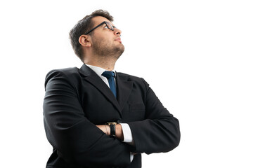 Entrepreneur man with crossed arms looking at blank copyspace