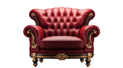 Classic royal armchair with a bold red fabric and intricate gold accents. Adds a majestic vibe to modern or vintage interiors, isolated on transparent background.