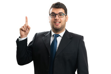 Cheerful businessman making idea gesture with index finger