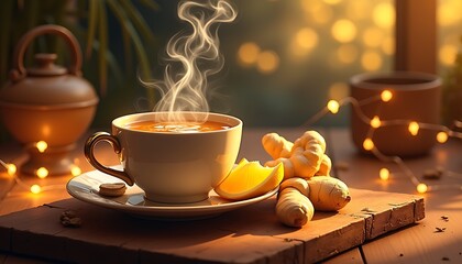Steaming cup of ginger tea with lemon and spices on wooden table for cozy beverage concept
