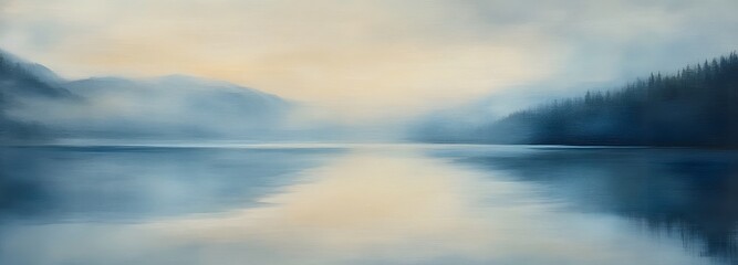 Obraz premium 27. A peaceful lake at dawn with fog over the water and an expansive view, leaving room for text