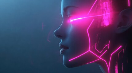 A sleek cybernetic face with glowing pink neon lines, blending futuristic design and humanoid aesthetics. Set against a misty, dark background, it exudes a high-tech, cyberpunk, and mysterious vibe.