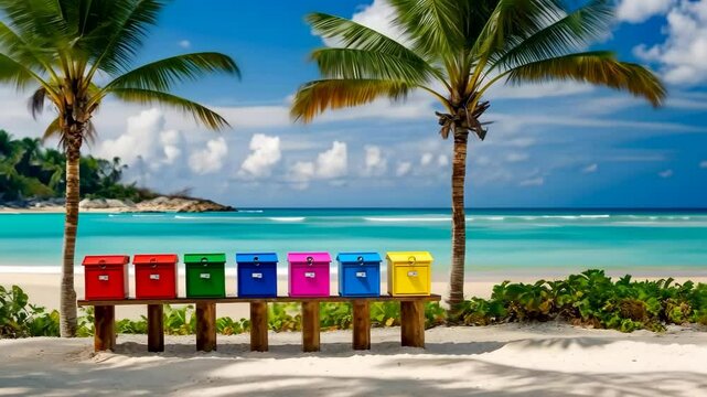 Colorful mailboxes lined up on a beach with palm trees, contrasting the vibrant colors with the serene, tropical background.