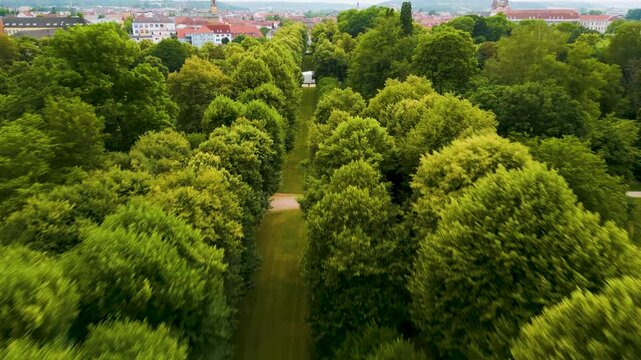 4K Aerial Drone Video of the Tree Lined Paths at Hofgarten Garden in Downtown Ansbach, Germany