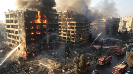A large urban fire engulfs an apartment building, emitting thick black smoke. Firefighters work intensely with multiple water hoses to control the blaze, while nearby buildings and streets remain affe