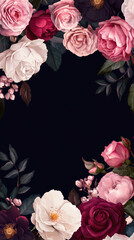 floral border design, dark pink and white roses, portrait, illustrative