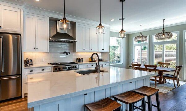 Modern kitchen with white cabinetry and an island, featuring pendant lighting and bar stools.
