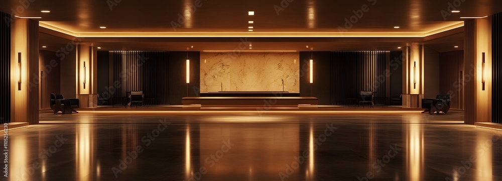 Poster 29. a luxurious hotel lobby with a large open space in the center for text placement