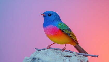 Vibrant Painted Bunting Perched on a Rock Against a Soft Pink and Purple Background A Stunning Display of Color in Nature