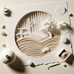 Zen Garden Torn white paper with simple sand patterns and minima
