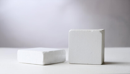 Two white stone blocks, empty podium. Pedestal for product presentation. Mock-up. Light backdrop