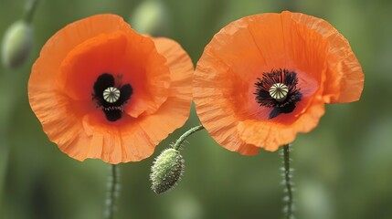 Fototapeta premium Photo of a poppy flower, with vibrant orange petals against a soft green background, symbolizing spring and the hope it brings