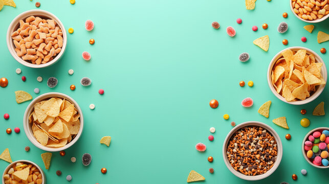 Snack candy sweet food concept. Colorful snack bowls on teal background