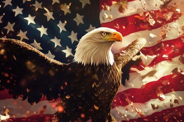 Majestic eagle soars against American flag. Independence Day celebration. Patriotic image. National symbol. Freedom. Pride. American pride. USA. Eagle proud. Glory. Glory USA. Flying eagle.