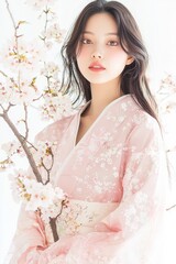 Fototapeta premium Young woman wearing a delicate pink kimono, surrounded by blossoming cherry flowers, evoking a serene and elegant atmosphere in a soft, dreamy setting.