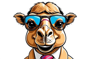 A happy cartoon camel with sunglasses and a necktie, white background