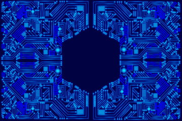 Modern and futuristic technology schematic diagram. Glowing circuit board on dark blue background. Diagonal circuit board