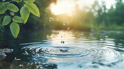 Serene Drops of Water Creating Ripples on a Calm Pond Surrounded by Lush Greenery and Bathed in Gentle Sunlight During a Tranquil Morning Scene