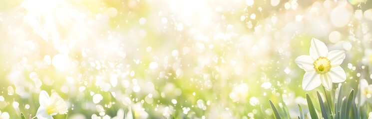 Fototapeta premium White daffodils in morning sunlight on green grass. Horizontal banner for spring celebrations, garden centers, flower shop, season greeting card, copy space. mother's day, easter