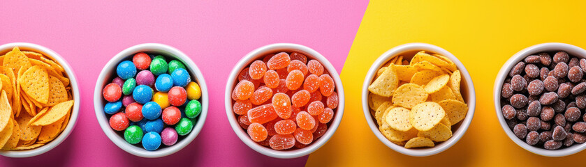 Snack candy sweet food concept. Colorful bowls of snacks on vibrant backgrounds © Wonderful Studio