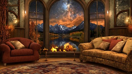 Fototapeta premium From the interior of a warm, dimly lit room, looking out of a window onto a moonlit mountain. 