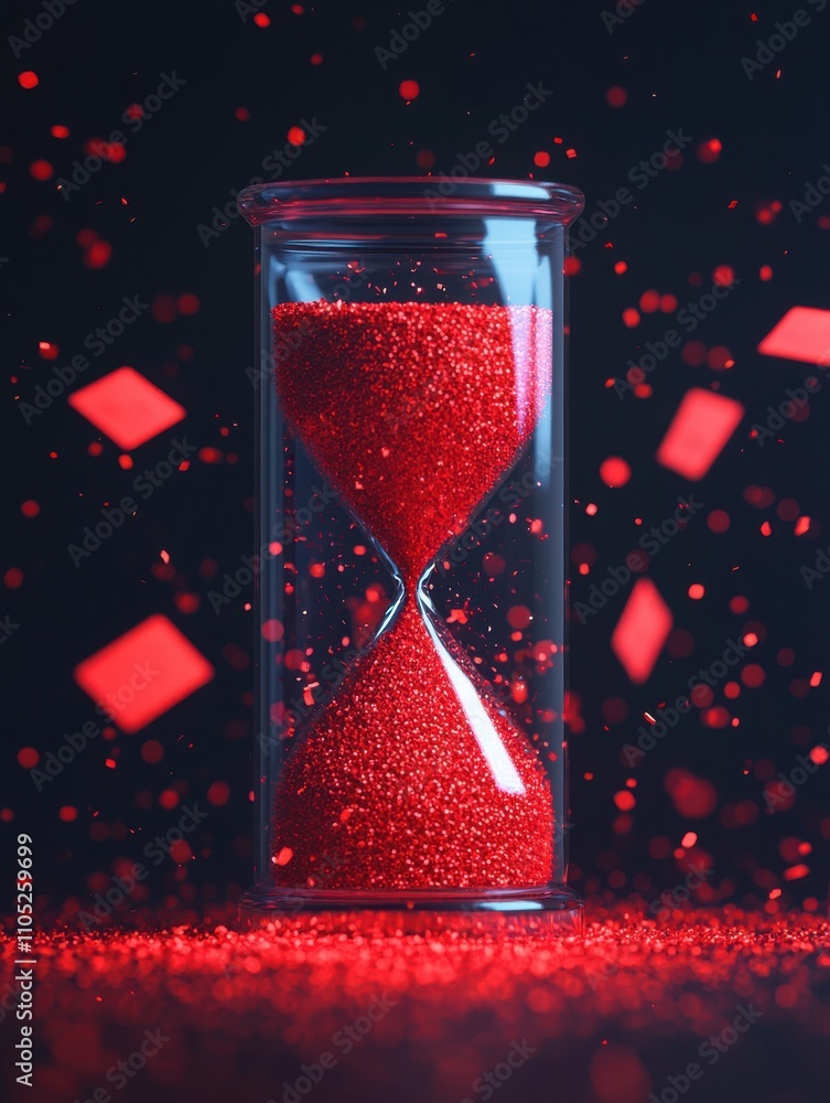 Poster a vibrant red hourglass surrounded by sparkling particles, symbolizing the passage of time in a visu