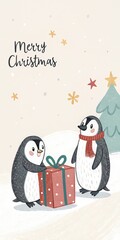 Obraz premium cute cartoon penguin with gift box merry christmas background